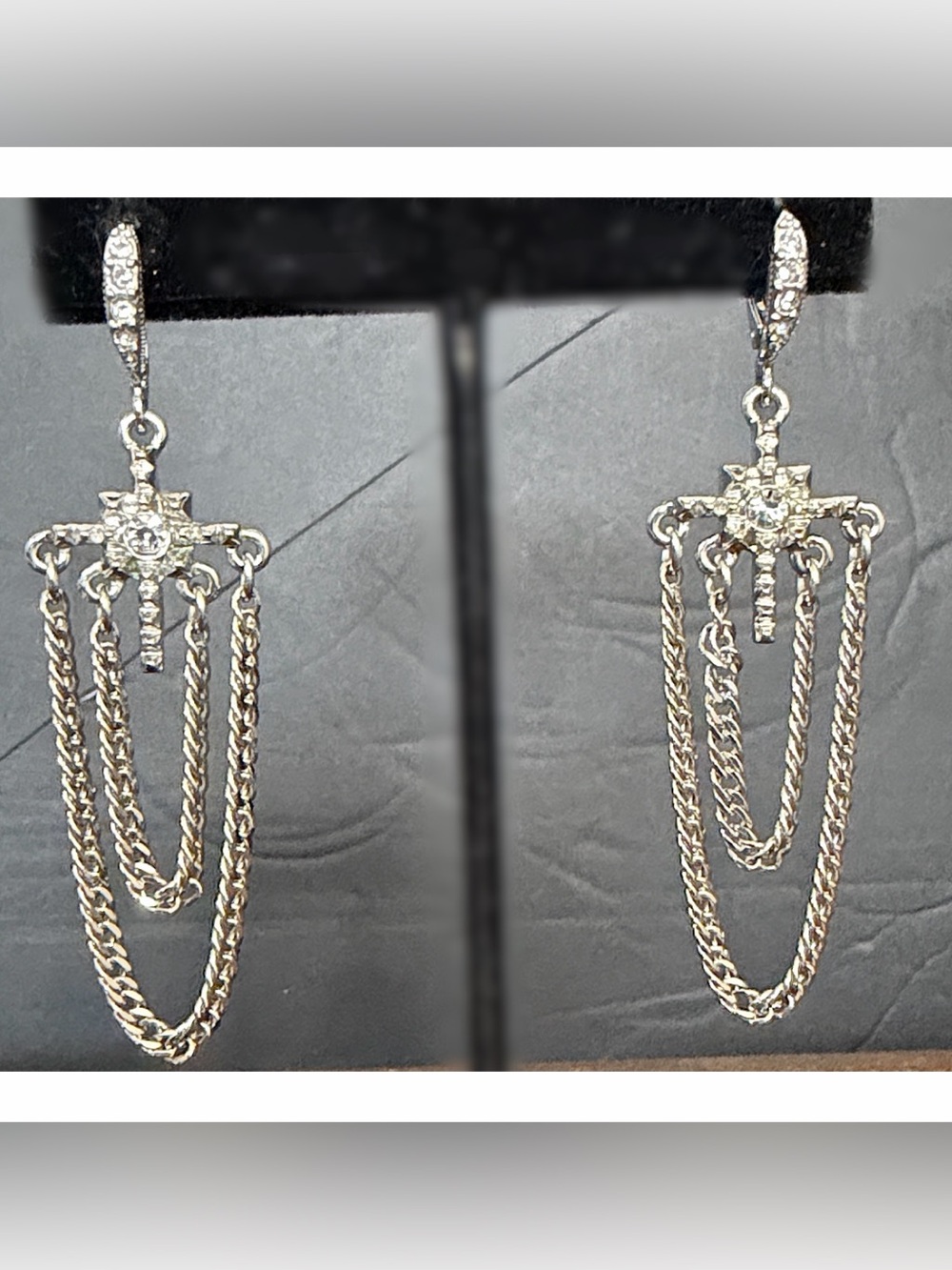 Vintage style Silver-Tone Chain Statement Drop Crystal Earrings